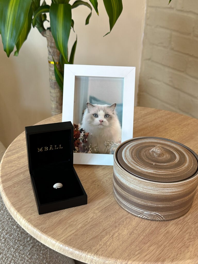 Pet memorial photo frame beside a wood-grain urn and keepsake at Furwell